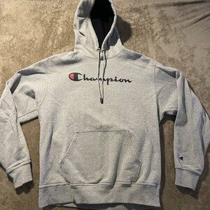 Champion Hoodie Mens Large Sweatshirt Crew Fleece Pullover Spellout Gray Kanga